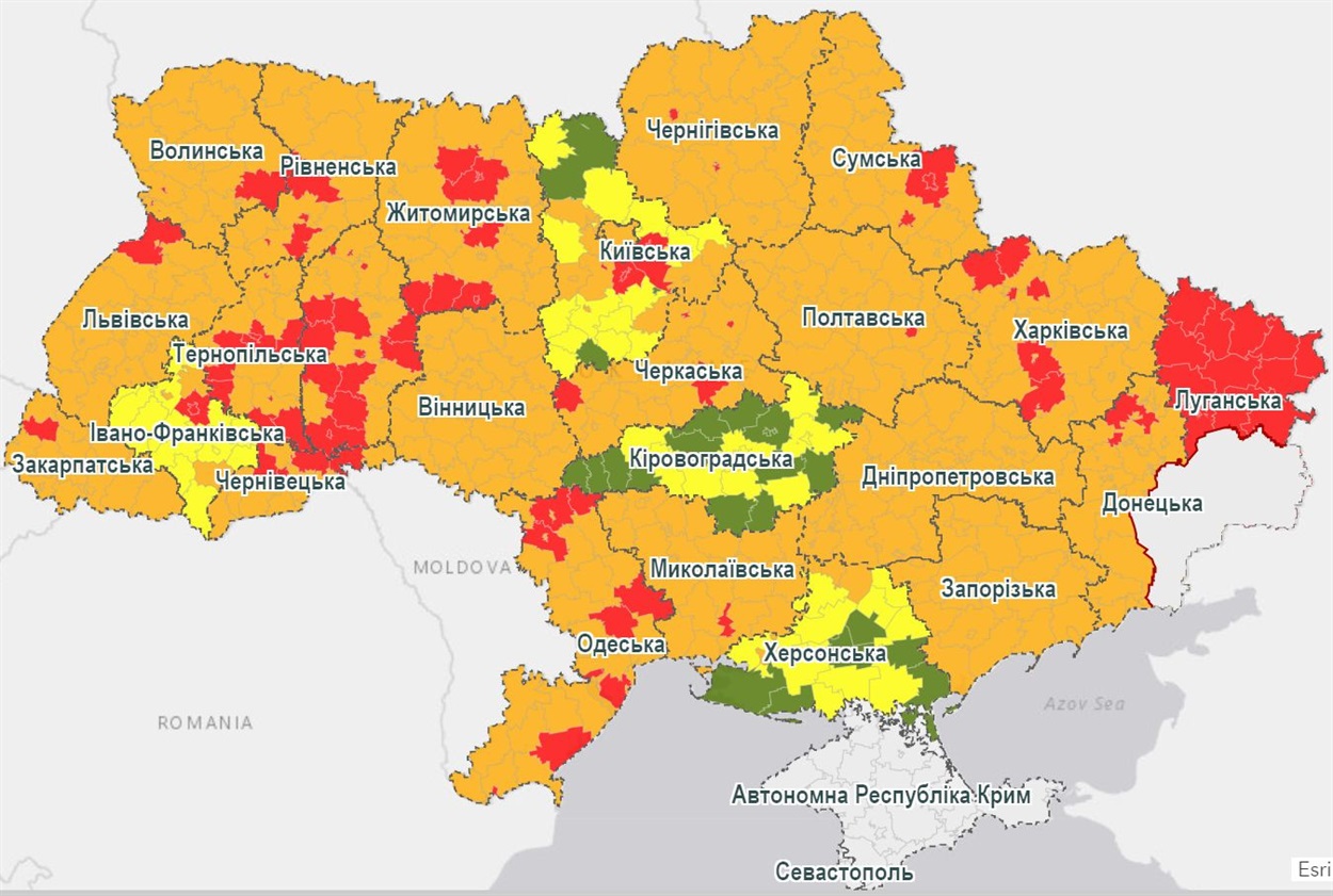 Мапа карантинних зон. Неокупована Луганщина вся "червона"