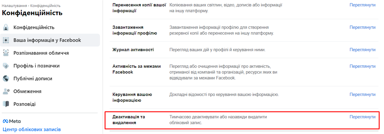 деактивация фейсбук