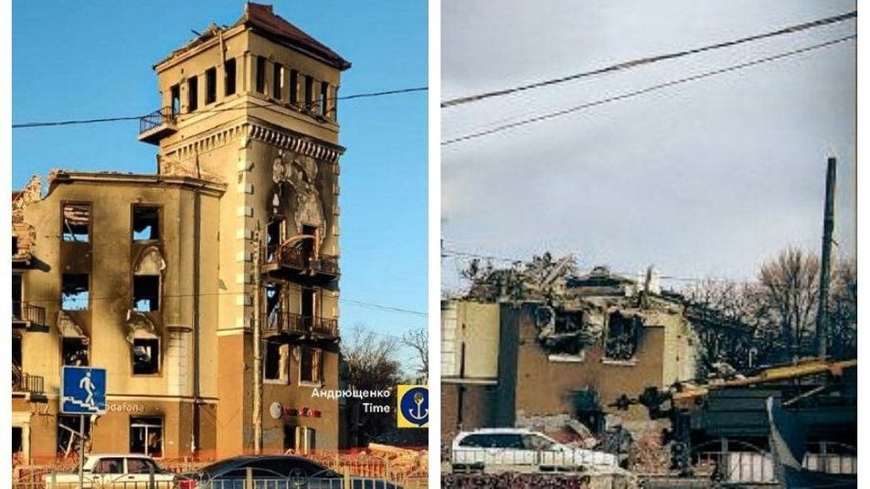 Будинок з годинником перед і в день знесення