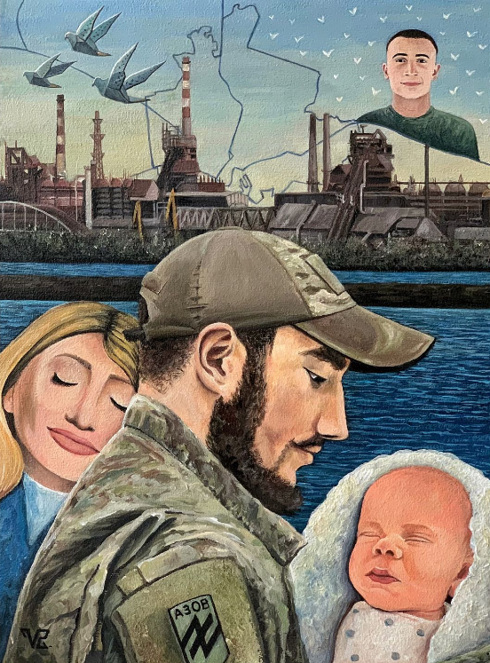 На малюнку — Богдан з дружиною, нещодавно вони стали батьками. На задньому фоні “Азовсталь”, а над заводом — старший брат “Тасман”