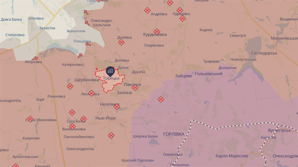 Торецьк на мапі, 9 лютого 2025