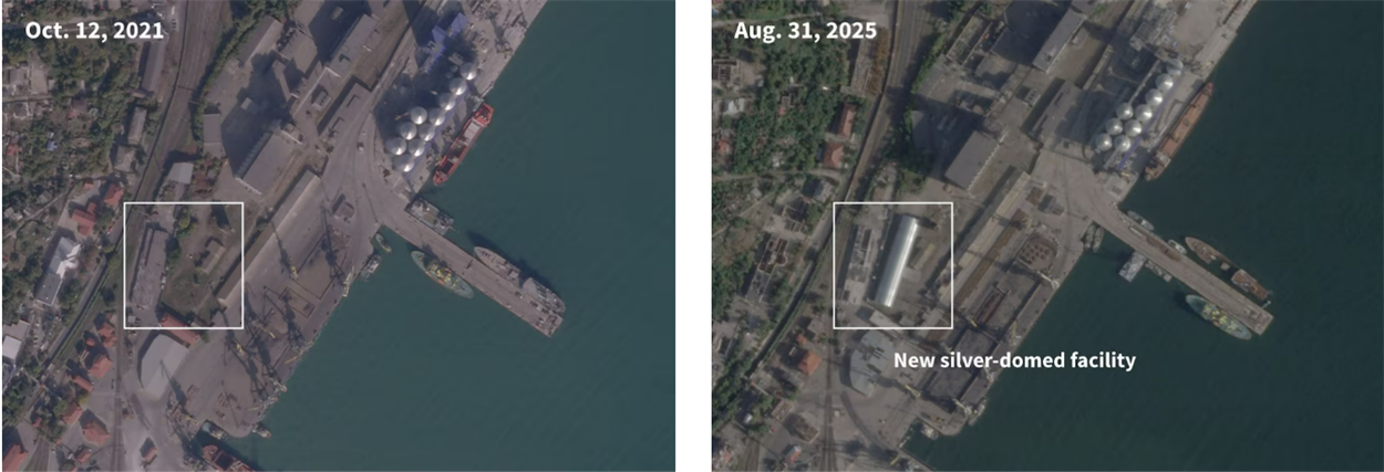 Супутникові знімки показують велику споруду зі срібним куполом, що виникла на доках Маріуполя під час російської окупації, з купами чогось схожого на вугілля, яке готують до експорту водою. Джерело: 2026 Planet Labs PBC.