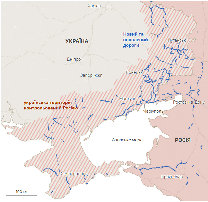 З 2022 року Росія будувала та модернізувала основні дорожні коридори через окуповані території, включаючи ключові ділянки автомагістралі «Новоросія» та Азовського кільця.