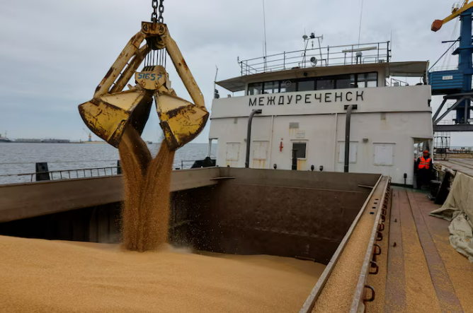 Зерно, що прямує до російського міста Ростов-на-Дону, завантажується на вантажне судно в окупованому порту Маріуполь у жовтні 2023 року
