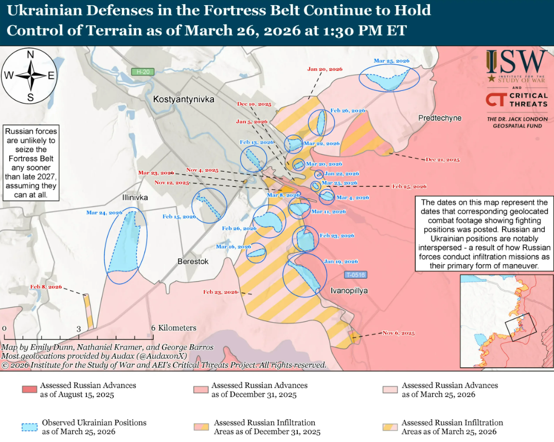 У ISW зробили мапу із мітками часу, на якій продемонстрували повільні темпи просування росіян в напрямку Костянтинівки