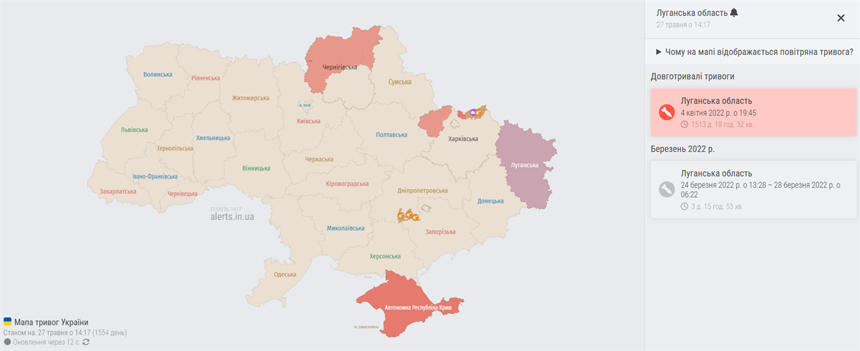 Мапа тривог України, Луганська область